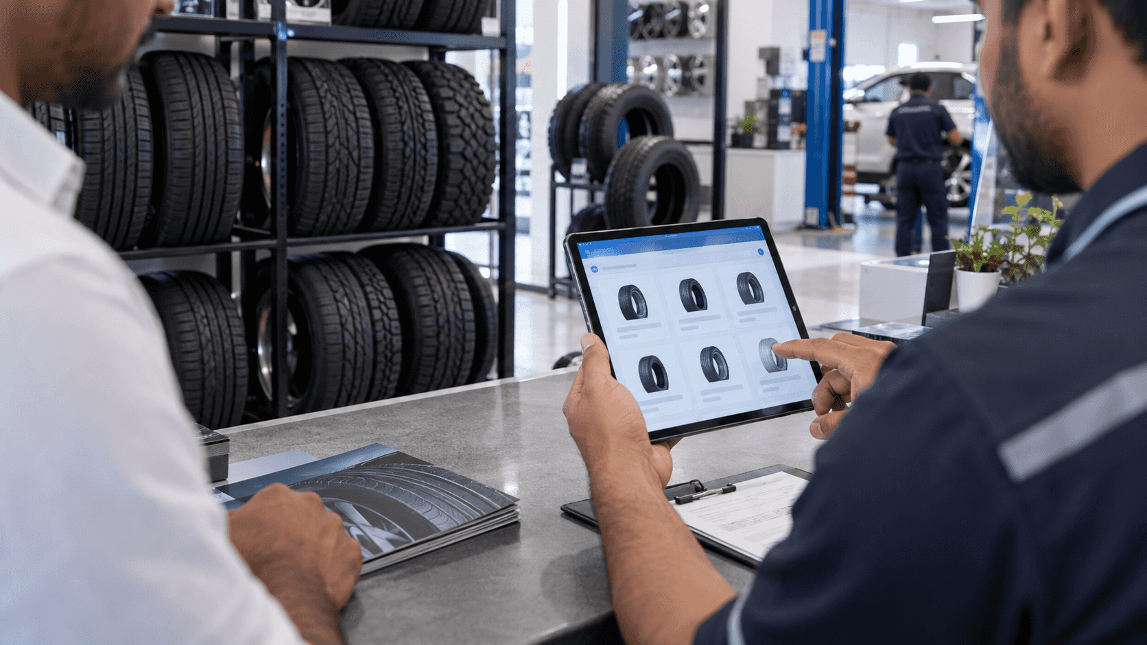 Realistic visual of an offline tyre catalog app with sync and product data