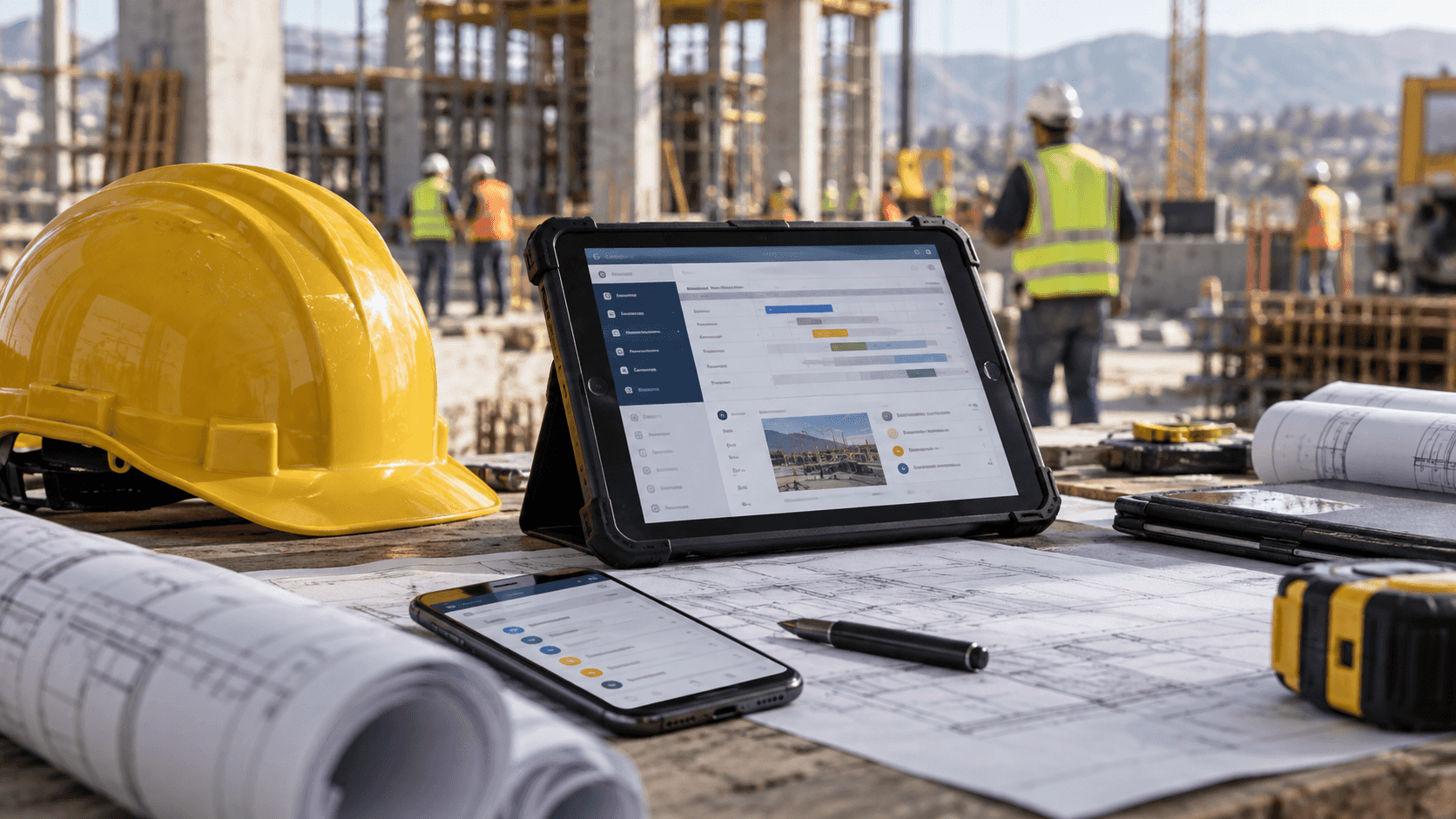 Realistic visual of a construction project management mobile app with field workflows